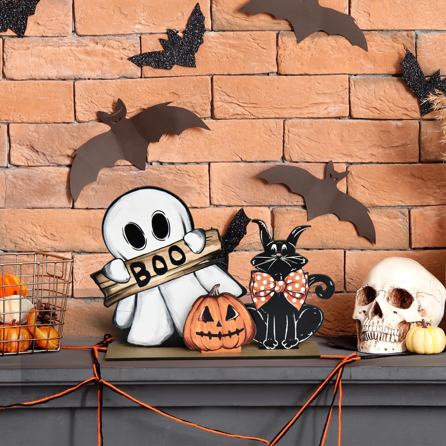 Smile Happy Halloween Wooden Table Decoration, Pumpkin Ghost Boo Black Cat Standing Centerpieces, Indoor Decor for Desk Shelf and Party