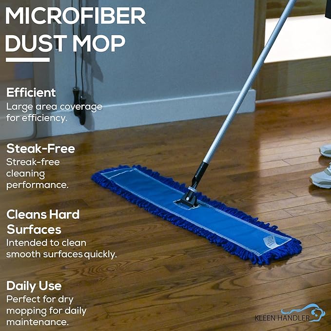 KLEEN HANDLER 3 Pack of 36 Inch Microfiber Dust Mop, Large Washable Commercial Mop Head Replacement, Sweeper, Janitorial Supplies, Blue
