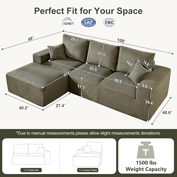 108" Modular Sectional Sofa, Compression Sofa with Deep Seat, Modular L-Shape Couch with Chaise, Upholstered Couches for Living Room Bedroom, No Assembly Required (Green Corduroy, 108" L Shape)