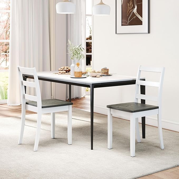 Giantex Dining Chairs, Wooden Armless Kitchen Chairs with Solid Rubber Wood Legs, Farmhouse Ladder Back Dining Chairs for Dining Room (2, White+Gray)