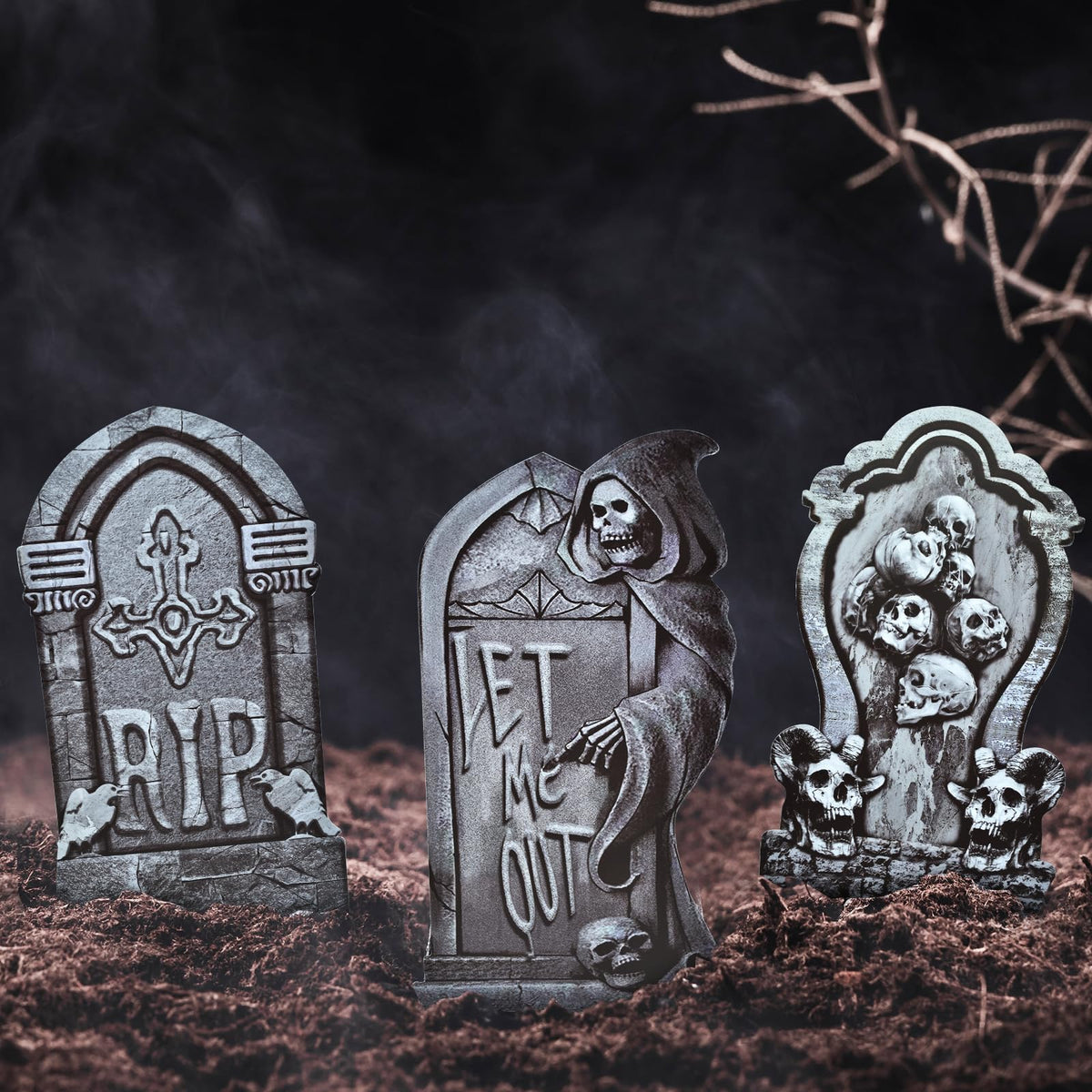 PhyLence 6-Piece Halloween Tombstone Yard Signs with Stakes - Large Eerie Graveyard Design, Spooky Skulls and RIP Messages for Haunted House, Outdoor Garden, Lawn Decor, Halloween Party Props