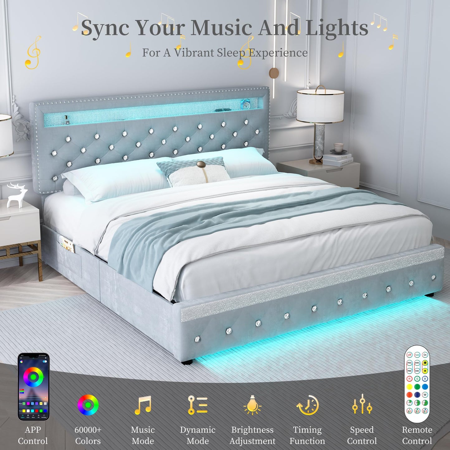 Queen Led Bed Frame with 2 Drawers, Modern Sturdy Adjustable Upholstered Crystal Button Tufted Headboard Platform Bedframe with Storage, No Box Spring Needed, Noise-Free, Easy Assembly, Velvet Grey