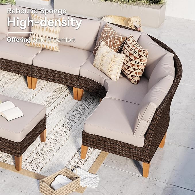 GREEN PARTY 10 Pieces Wicker Patio Furniture Set, All-Weather Outdoor Rattan Half-Moon Curved Patio Sectional Sofa Conversation Set with 4" Thick Cushions for Garden, Backyard, 2 x Ottomans