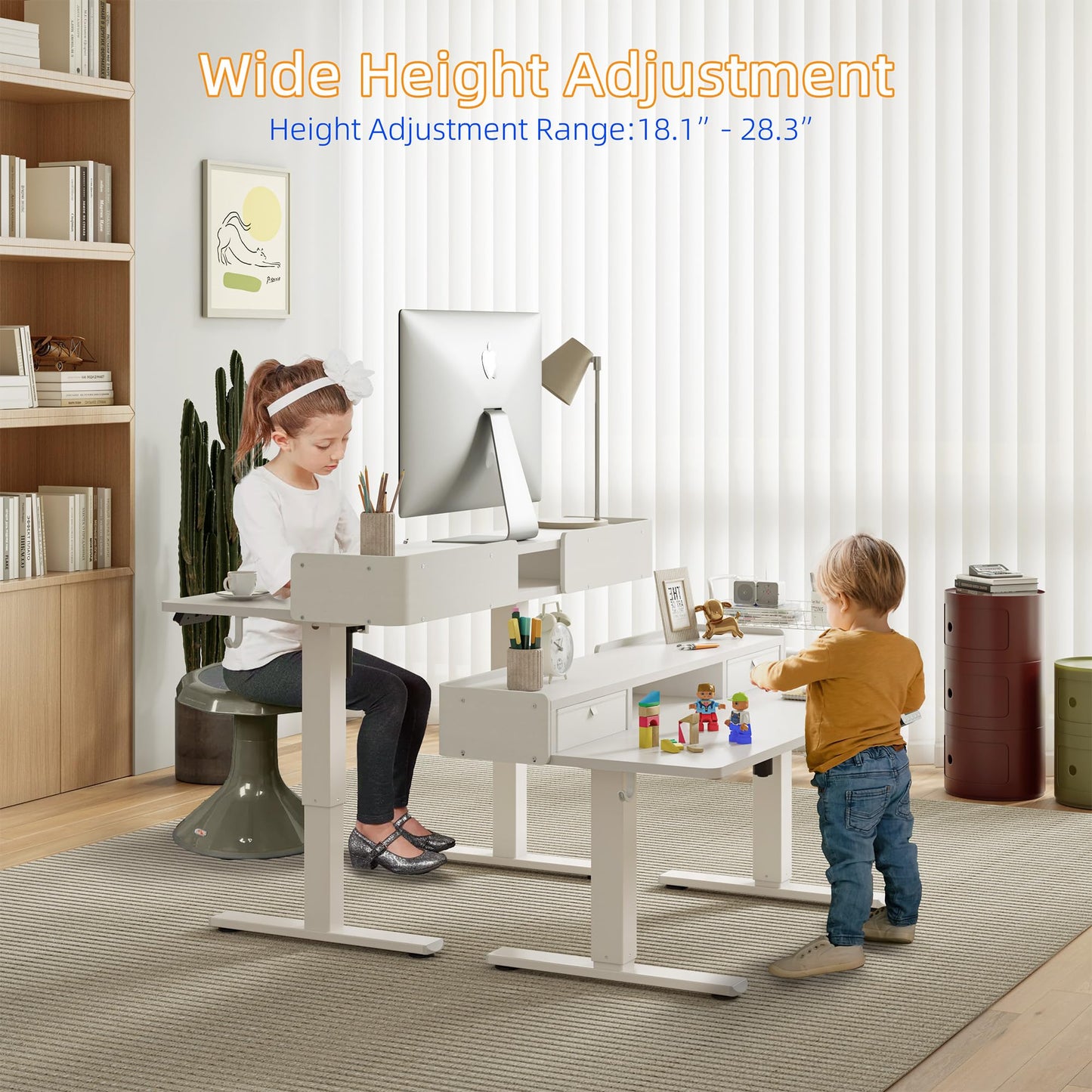 YIHAYO Low Height Adjustable Desk with Drawers, Lifts 18.1-28.3 Inches, Electric Standing Desk with Storage Shelf for Short People, 55 x 24 Inches Table with Splice Board for Home Office, White