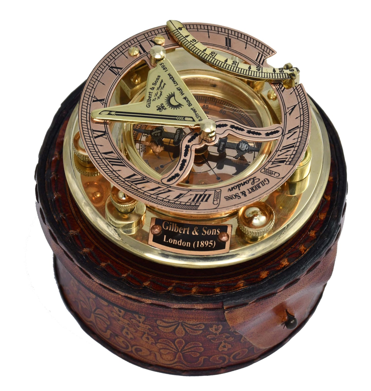 NETAEX Antique Brass & Copper Sundial Compass, Sundial Clock in Leather Box Gift Sun Clock Ship Replica Watch
