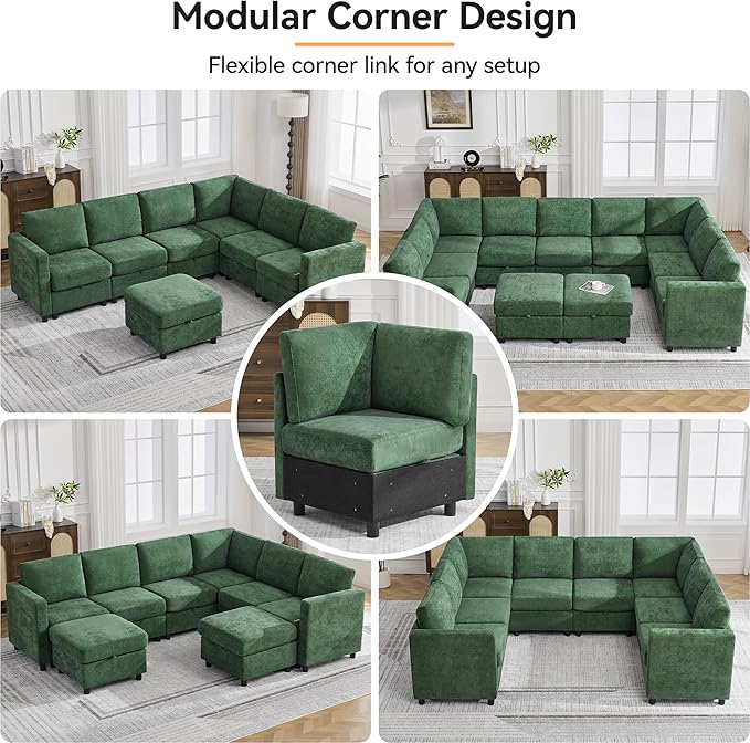 104'' V Shaped Modular Sofa, Sectional Couch with Storage for Living Room, Modern 7 Seater Cloud Sectional Couch with Movable Ottoman, Chenille Dark Green
