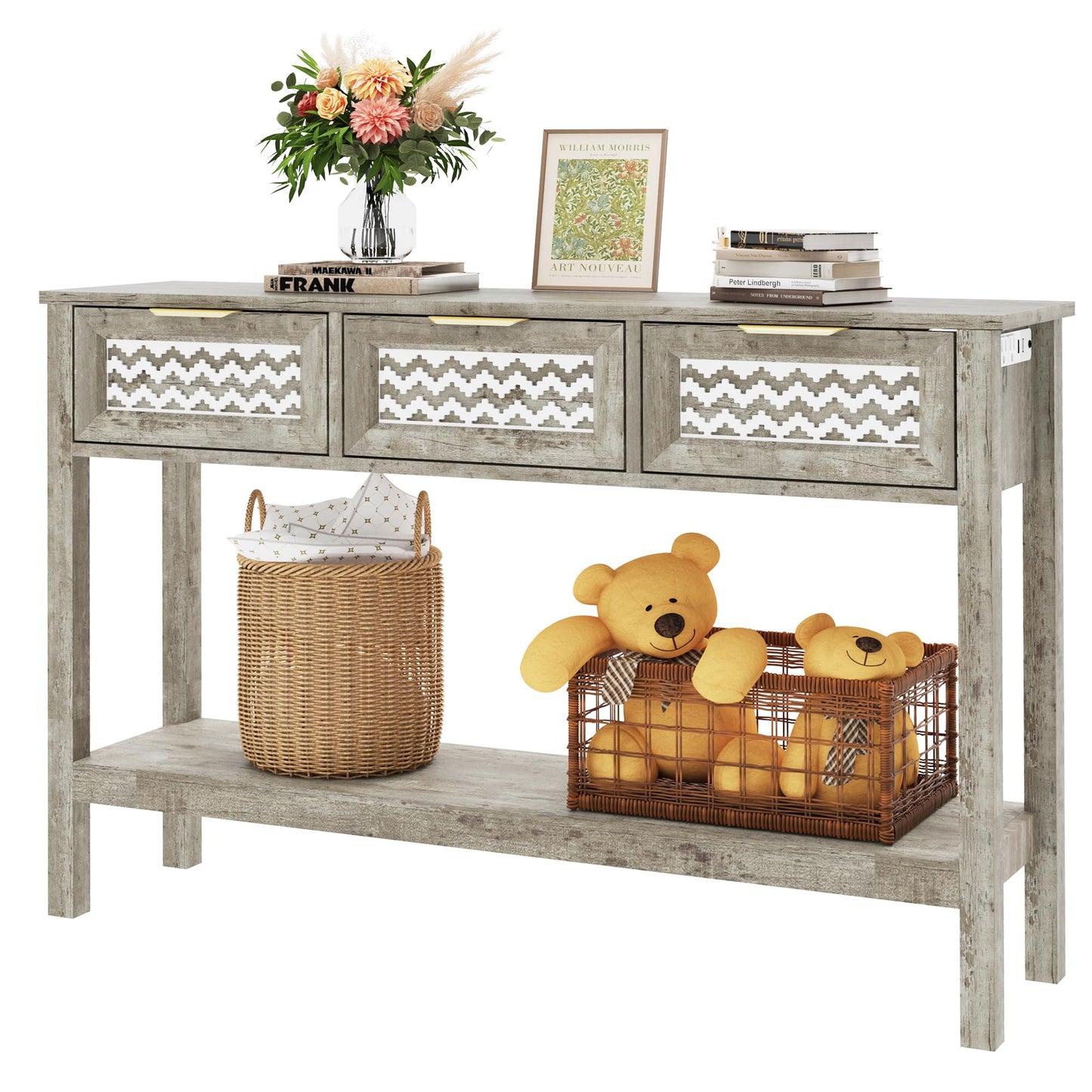 YOCONYO Entryway Table, Rattan Console Table with 3 Storage Drawers and Storage Shelf, Sofa Table with Socket, for Entryway, Living Room, Behind Couch and Hallway (Grey)