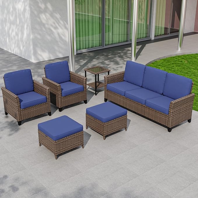COOS BAY Harbor Retreat 6 Piece Outdoor Furniture Set, Patio Conversation Set with Patio Chairs, 3 Seat Couch, Side Table and Ottomans, Wicker Furniture, Brown/Blue