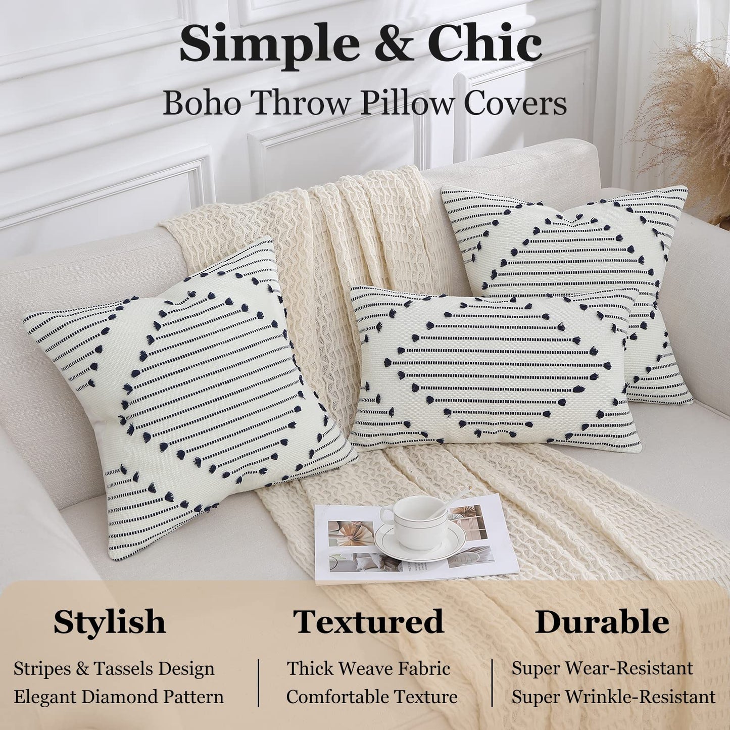 Mecatny Boho Outdoor Throw Pillow Covers 12X20 Set of 2, Farmhouse Lumbar Summer Pillow Covers for Couch Sofa Living Room, Navy & Cream White