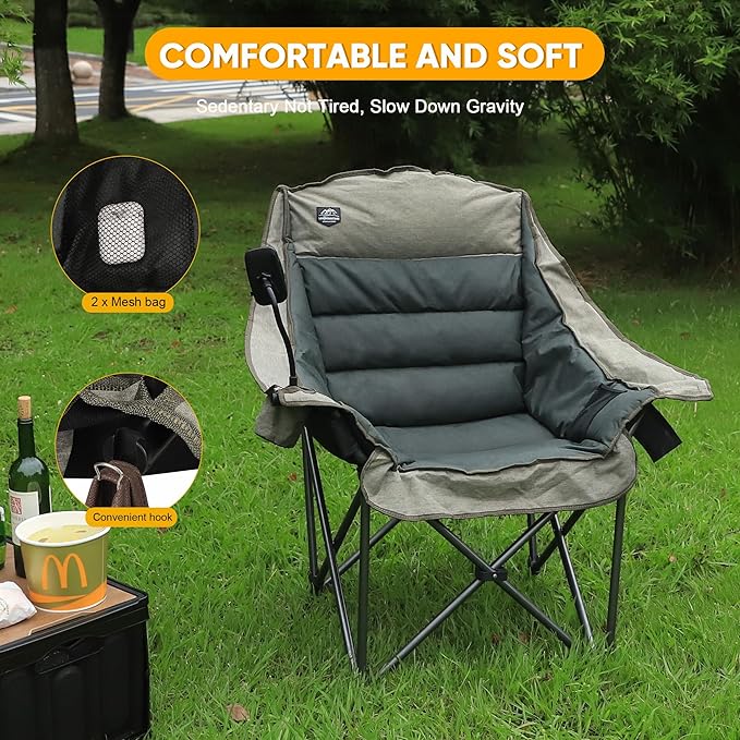 LANMOUNTAIN Oversized XL Folding Camping Chair,Heavy Duty Support 400Lbs,Large Comfy Padded Camp Chair for Adults,Lawn Arm Chair w/Cup Holder,Phone Holder,Carry Bag Perfect for Outdoor (Brown