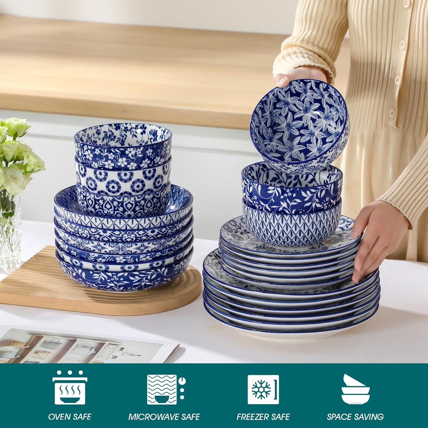 vancasso SELENE Plates and Bowls Set for 6, 24 Pieces Dinnerware Sets, Mircowave and Dishwasher Safe Dishes Set, Porcelain Blue Dinnerware