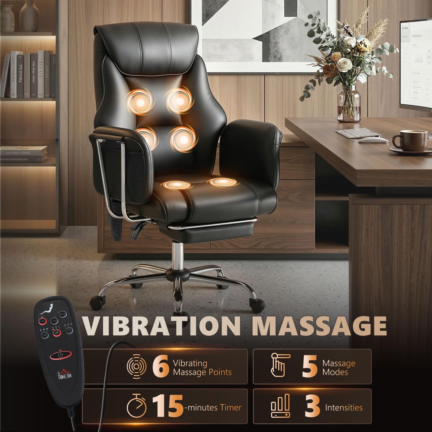 HOMCOM Massage Office Chair with 6-Point Vibration, Overstuffed Reclining Desk Chair with High Back, PU Leather, Footrest, Thick Spring Cushion, Lumbar Support, Adjustable Height, Swivel Wheels, Black