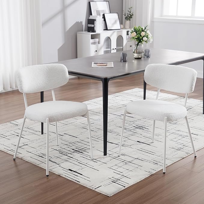 KCC Boucle Dining Chairs Set of 6, Modern Mid-Century Upholstered Stylish Kitchen Chairs Sherpa Accent Diner Chairs with Metal Legs and Curved Back for Kitchen, Dining Room(White)