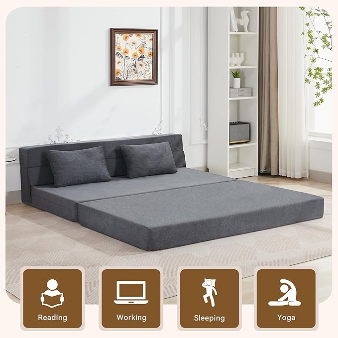 WUTUTUEE Folding Sofa Bed Convertible Floor Couch Foldable Chair Bed with Pillow，Linen Sleeper Chair Futon,Foldable Memory Foam Mattress for Bedroom/Living Room/Dorm/Office (Dark Grey, Queen)