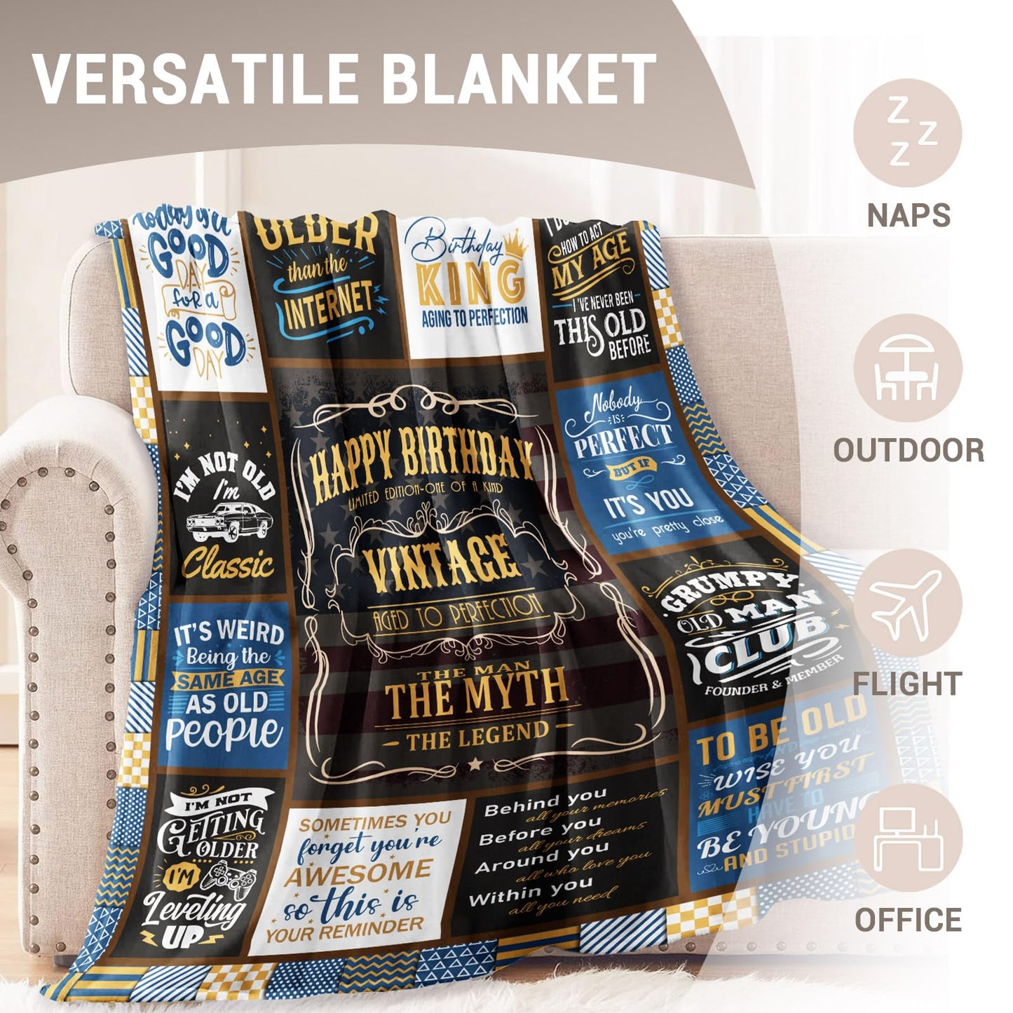 KJACGAD Birthday Gifts for Men, Birthday Gift for Him, Man Birthday Gift Ideas Throw Blankets 60" x 50", Happy Birthday Gifts for Male/Dad/Grandpa/Uncle/Husband/Boyfriend