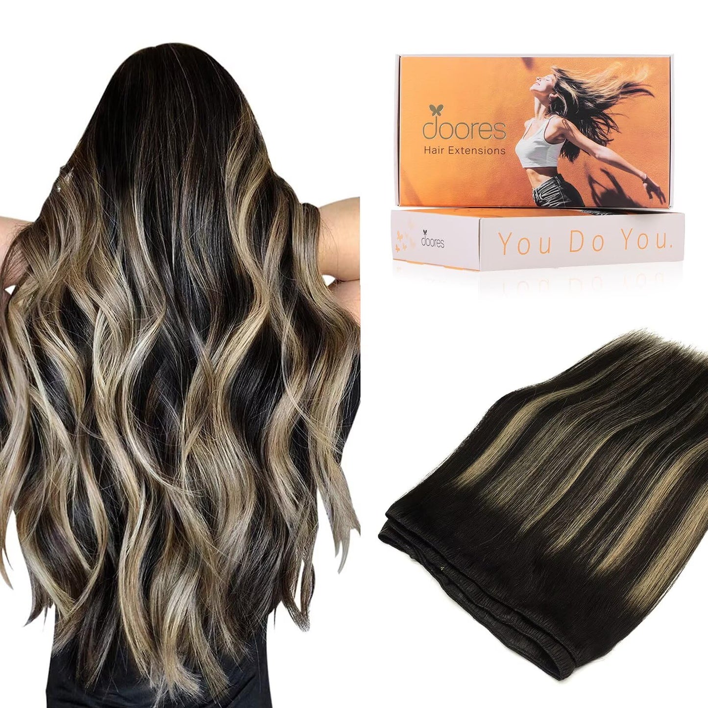 DOORES Sew in Hair Extensions 18 Inch 100g Balayage Natural Black to Light Blonde Human Hair Extensions Sew in Full Head Remy We