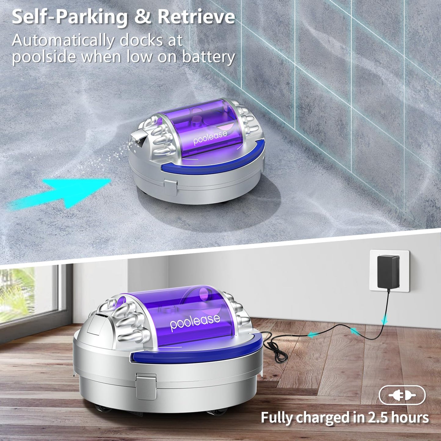 Poolease X1 Cordless Robotic Pool Vacuum, Automatic Pool Cleaner with 45W Dual-Motor, Ideal for Inground Above-Ground Flat Pool, 2L Debris Capacity, 90Mins Runtime