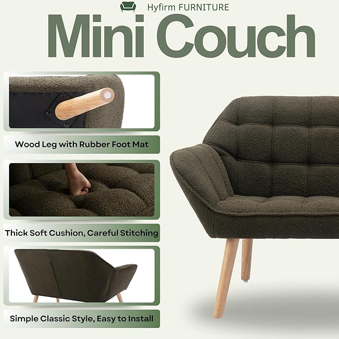 Hyfirm Small Loveseat Sofa, 48 inch Sherpa Love Seat for Living Room Comfy Mini Couch with Wood Legs for Small Spaces Bedroom Apartment Office, Dark Green