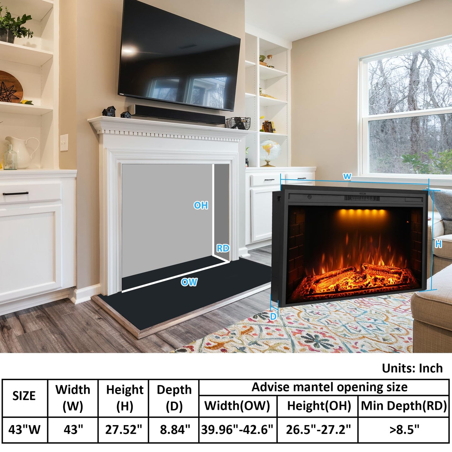Dreamflame 43 inch Electric Fireplace, Wall Fireplace Electric with Remote Control, Realistic Log and Crackling Sound, Overheating Protection and Timer, 750/1500W Black