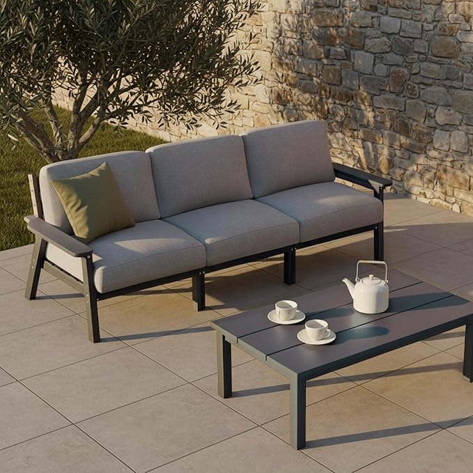 Patio Kingdom Patio Furniture Set 3 Seats, HDPE Outdoor Sectional with Washable Gray Thick Cushions, Coffee Table & Side Table, Patio Conversation Sets for Lawn, Garden, Porch, Balcony (Grey Frame)
