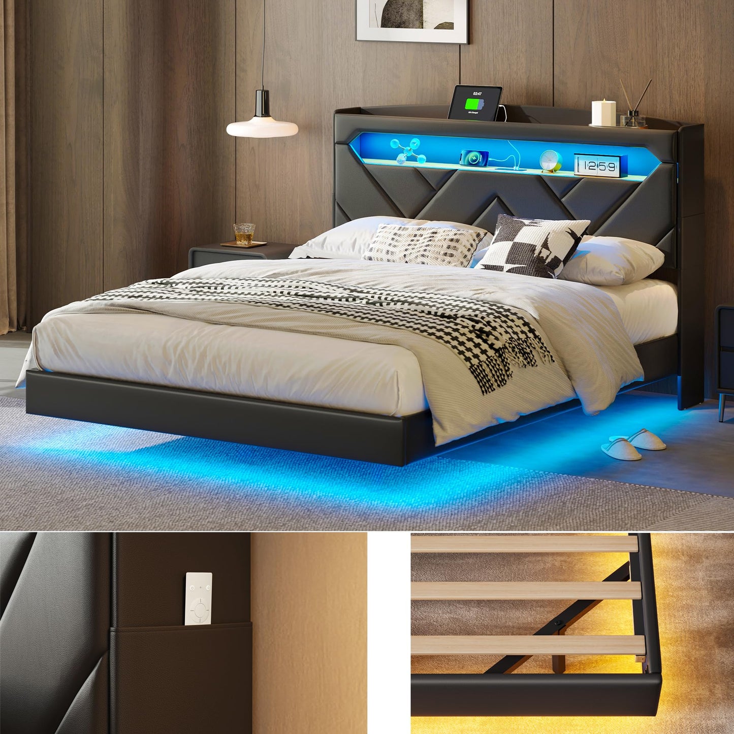 LINSY Floating Bed Frame Full Bedframe with Headboard, Black Full Size Bed Frames with Storage, Modern Upholstered Platform Bed with LED Lights & Charging Station, No Box Spring Needed, PU Leather
