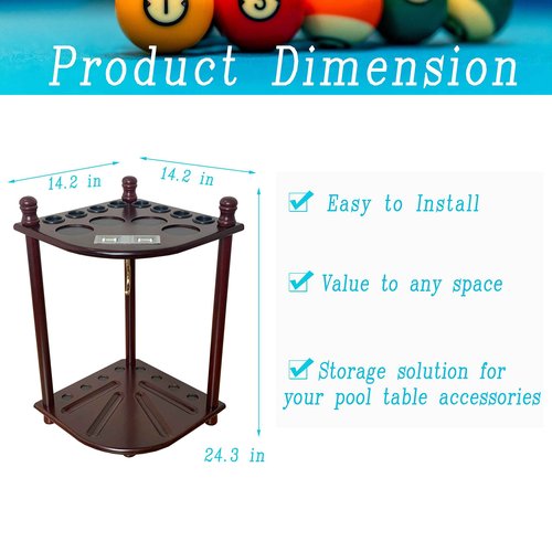 GACCO BILLIARDS Floor Standing Pool Cue Rack Hold 8 Cue Sticks & Pool Table Accessories, Wooden Pool Stick Holder, Corner Pool Cue Holder with Ball Rack Hook & Scorers (Mahogany)