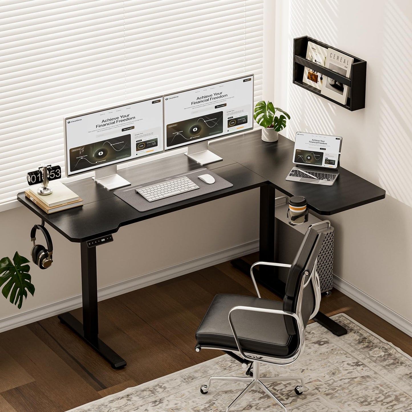 Acrolix L Shaped Electric Standing Desk - 59x40 Inch Reversible Corner Sit Stand Desk with Hook&Cup Holder,Electric Height Adjustable Table,for Home Office Gaming Computer Desk, Black