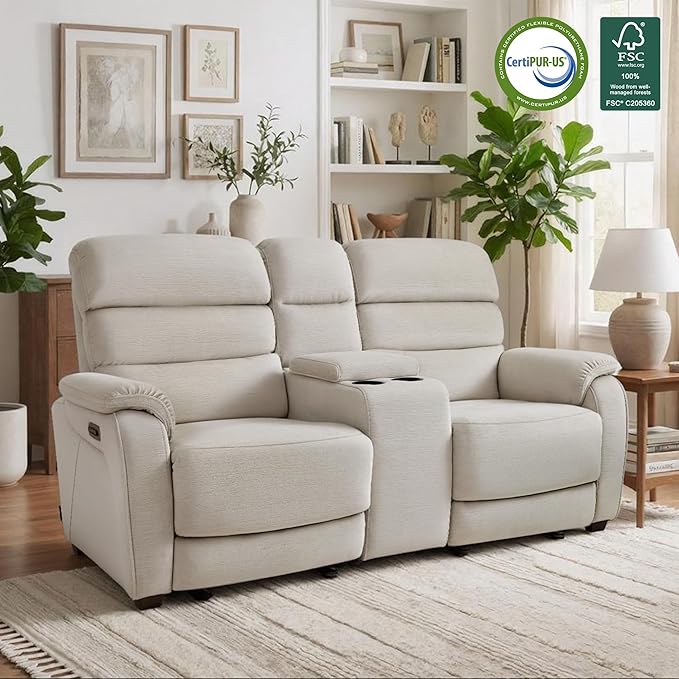 MCombo 73.8'' Wall Hugger Power Loveseat Recliner, Reclining Loveseat with Console, Adjustable Headrest, USB Charge Ports, Cup Holders, for Living Room, RVs, Small Spaces, Fabric ST258M2 (Beige)