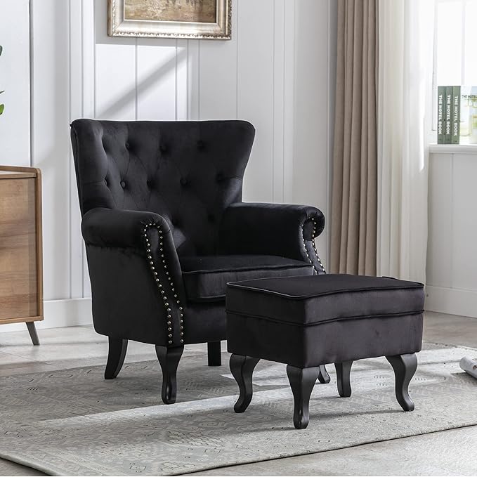 chairus Mid-Century Modern Accent Chair with Ottoman, Comfy Velvet Single Sofa Chair Button Tufted Wingback Armchair with Pillow for Living Room/Bedroom/Club - Black