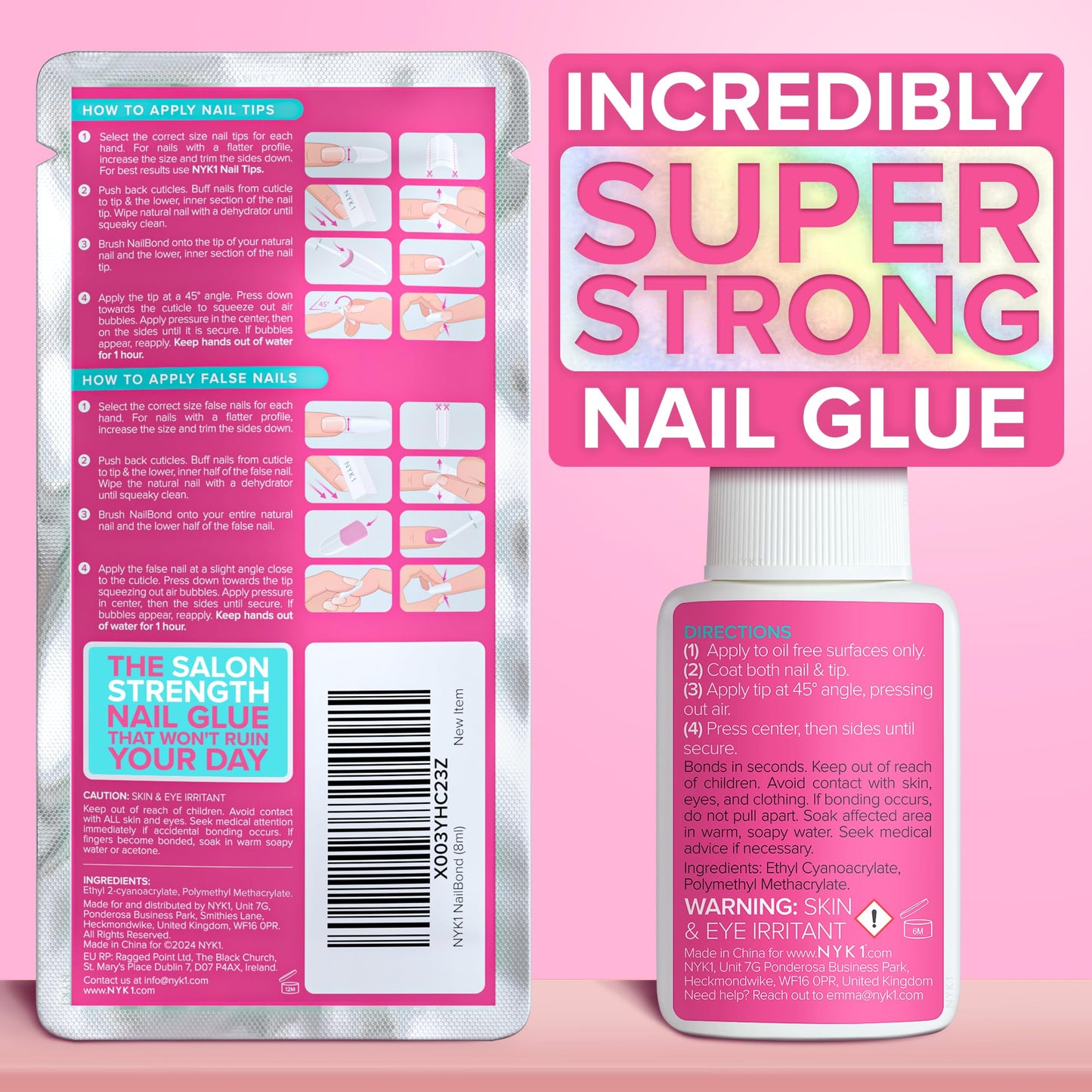 Super Strong Nail Glue for Press On Nails, Nail Tips & Acrylic Fake Nails (8ml) NYK1 NailBond Brush On Glue for Press Ons, Tips & Acrylics - Long Lasting, Maximum Strength, Mess-Free Application