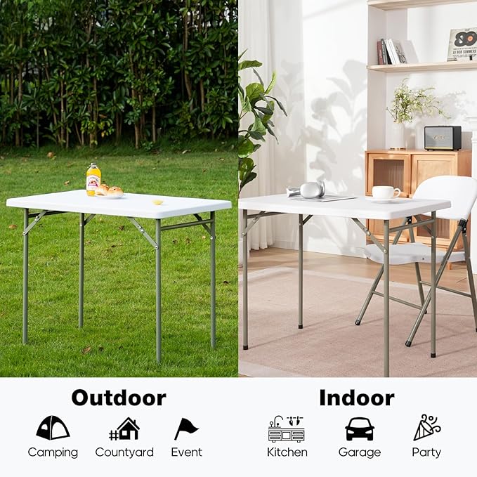 3ft Rectangular Folding Table for All-Occasion, Foldable Table with HDPE Tabletop and Steel Legs, Durable and Stable Small Folding Table, Perfect for Camping, Picnic, Party, Indoor & Outdoor