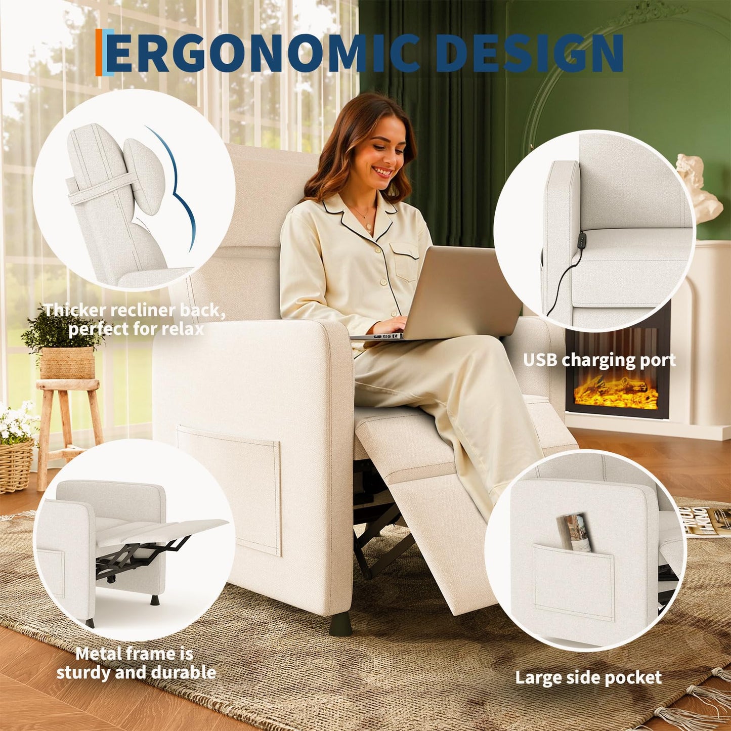 GarveeHome Power Recliner Living Room Lazy Chair Adjustable Electric Reclining Chair Home Theater Seating with Side Pockets & USB Port(Beige)