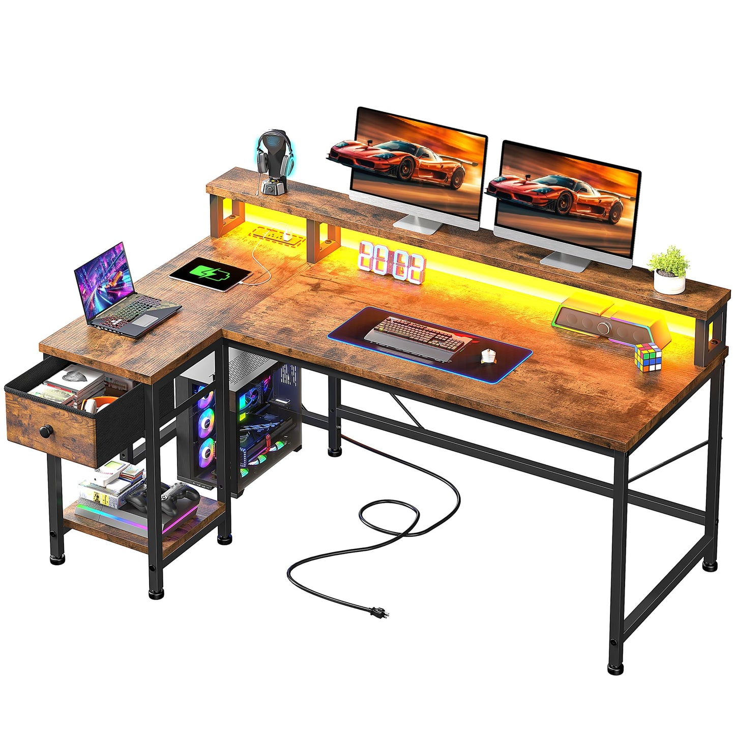 DurayLoly Gaming Desk with LED & Power Outlet, 48" L Shaped Small Computer Desk with Drawers Reversible Corner Desks with Monitor Stand Office Desks for Gaming Room,Home Office,Bedroom,Rustic Brown