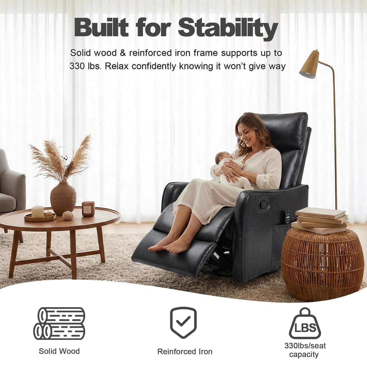 Casaphoria 360° Swivel Rocking Recliner Chair with Heat and Massage Upholstered Fabric Nursery Glider with Side Pocket for Living Room,Bedroom,Home Theater and RV Small Space(Black)