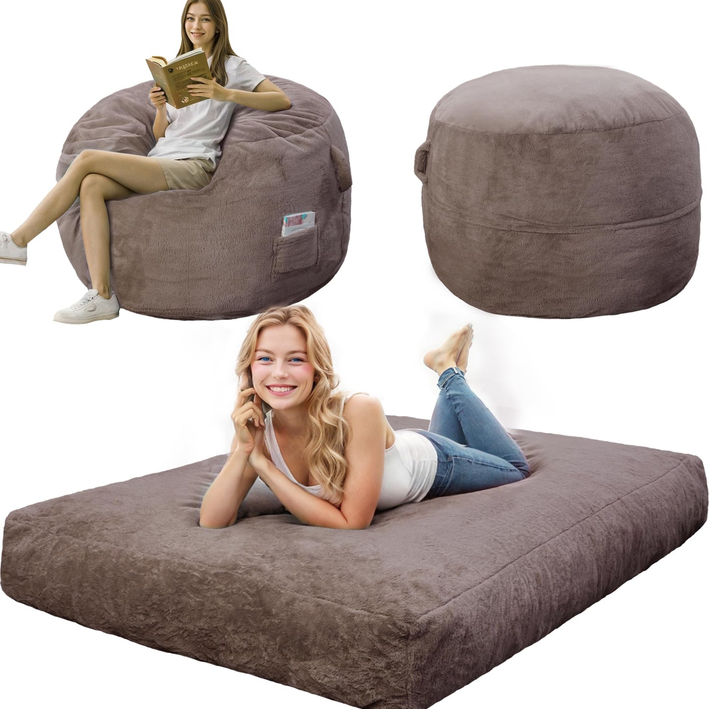 LFCREATOR Giant Bean Bag Chair for Adults, Faux Fur Bean Bag Chair Bed with Mattress Bed Use, Convertible Bean Bag Sofa Bed with Filler Included for Living Room,Bedroom, Brown.Large-Sized