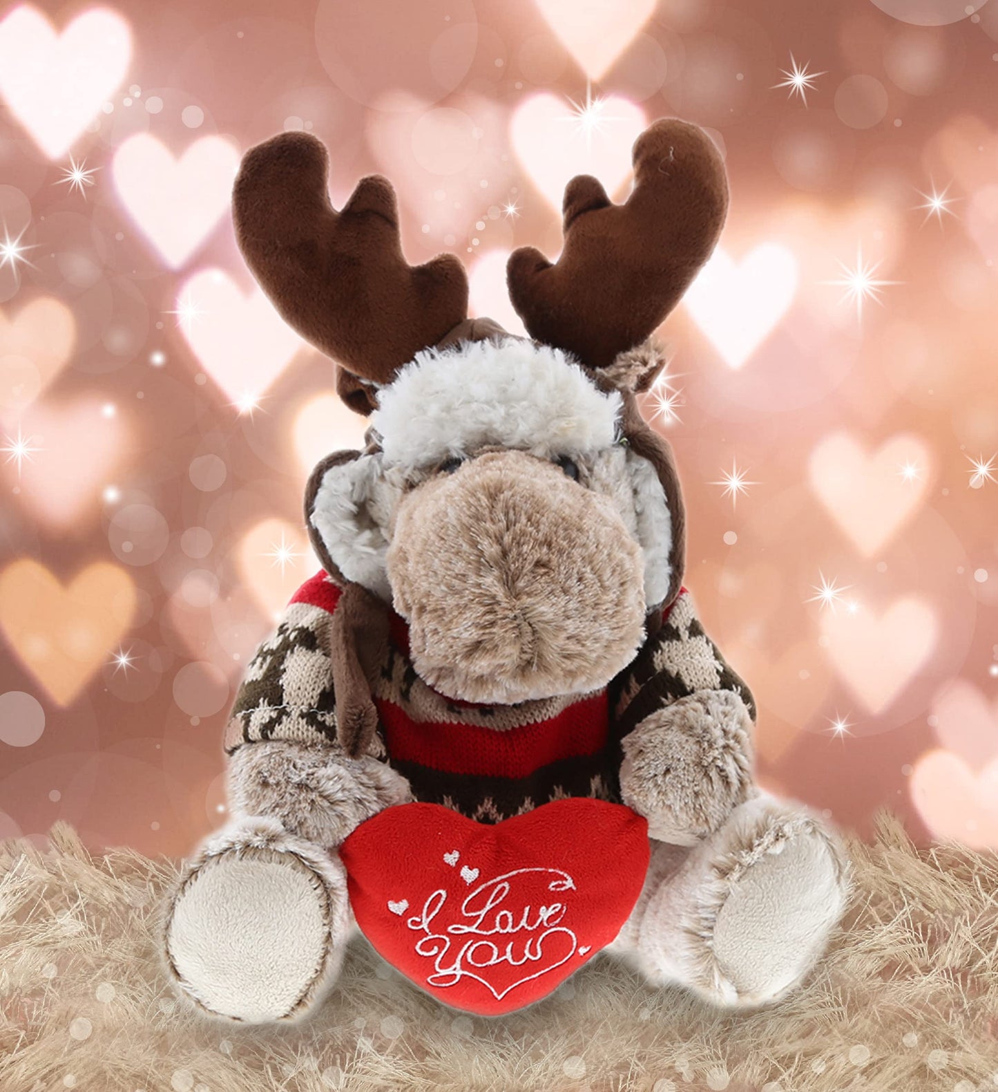 DolliBu I Love You Valentine Plush Moose with Clothes - Cute Stuffed Animal with Red Heart and Name Personalization Gift for Valentines Day, Birthday, Anniversary, Romantic Date - 9 Inches