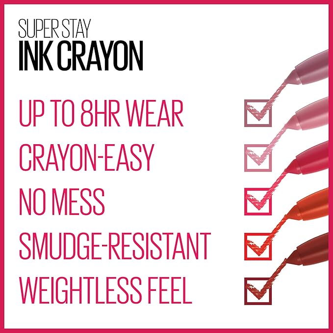 Maybelline Super Stay Ink Crayon Lipstick Makeup, Precision Tip Matte Lip Crayon with Built-in Sharpener, Longwear Up To 8Hrs, Reach High, Rosey Mauve, 1 Count