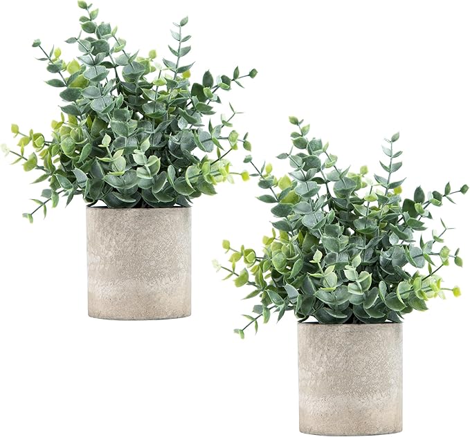 Coferset 2 Pack Small Fake Plants Eucalyptus Potted Artificial Plants for Shelf Desk Home Bathroom Farmhouse Room Coffee T...