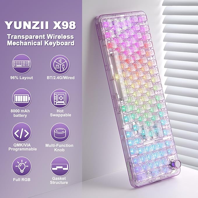 YUNZII X98 QMK/VIA Wireless Mechanical Gaming Keyboard with Knob,Tri-Mode BT5.0/USB-C/2.4GHz Hot Swappable Keyboard,Pre-lubed Switches Gasket Mount RGB Backlit for Wins/Mac (Purple, Snow Switch)