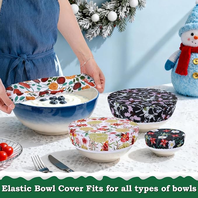 5-Size Beeswax Bowl Covers for Bread Proofing, Reusable Cotton Cloth Bowl Covers, Flexible Beeswax Wraps for Food Storage Christmas Holiday Kitchen Decor(Holly)