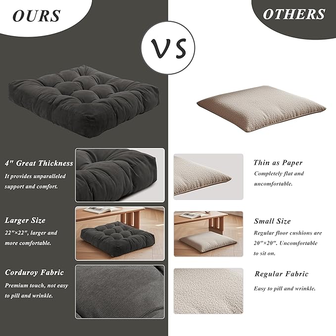 FlyGulls Meditation Floor Pillow 22×22 Inch 2 Pack Large Floor Cushions for Adults Square Tufted Corduroy Floor Pillows for Yoga Living Tatami Room Dark Grey