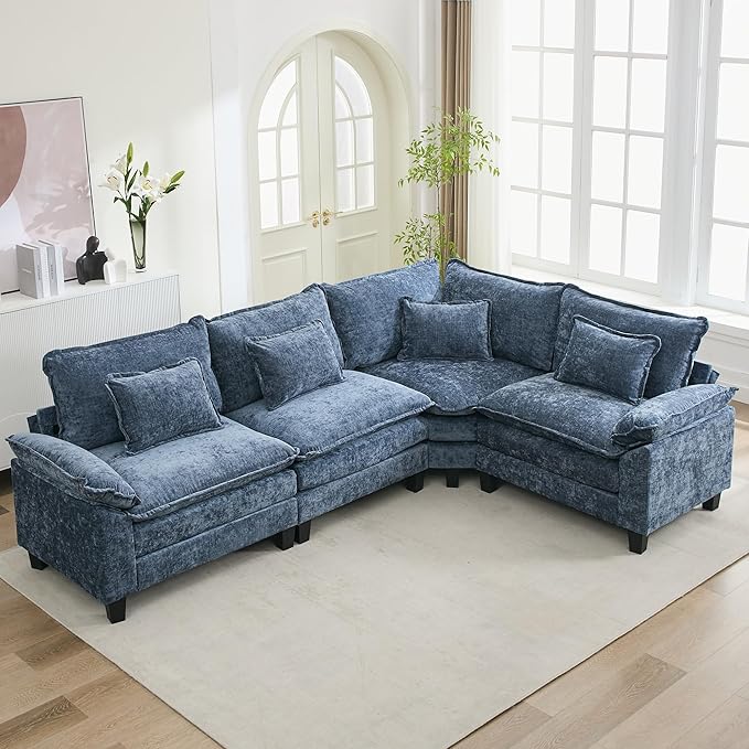 URRED Cloud Couch Modular Sectional Sofa, 116" Modern L Shaped Deep Seat Sofa with Pillows, Ultra Comfy Chenille Corner Couches for Living Room, Bedroom or Apartment, Blue