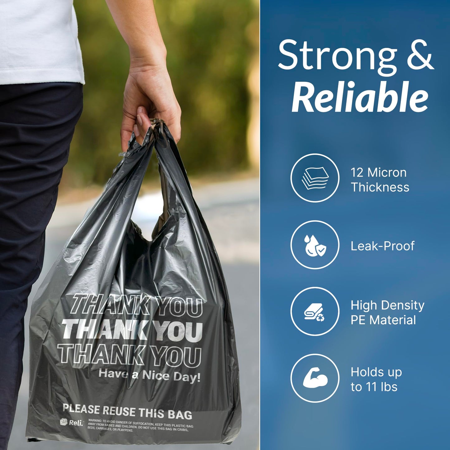 Reli. Thank You Plastic Bags | 100 Pack | (11.5" x 6.5" x 21"), Black | Plastic Bags with Handles | Ideal for Grocery, Shopping, Food Take Out, Restaurants, Small Business