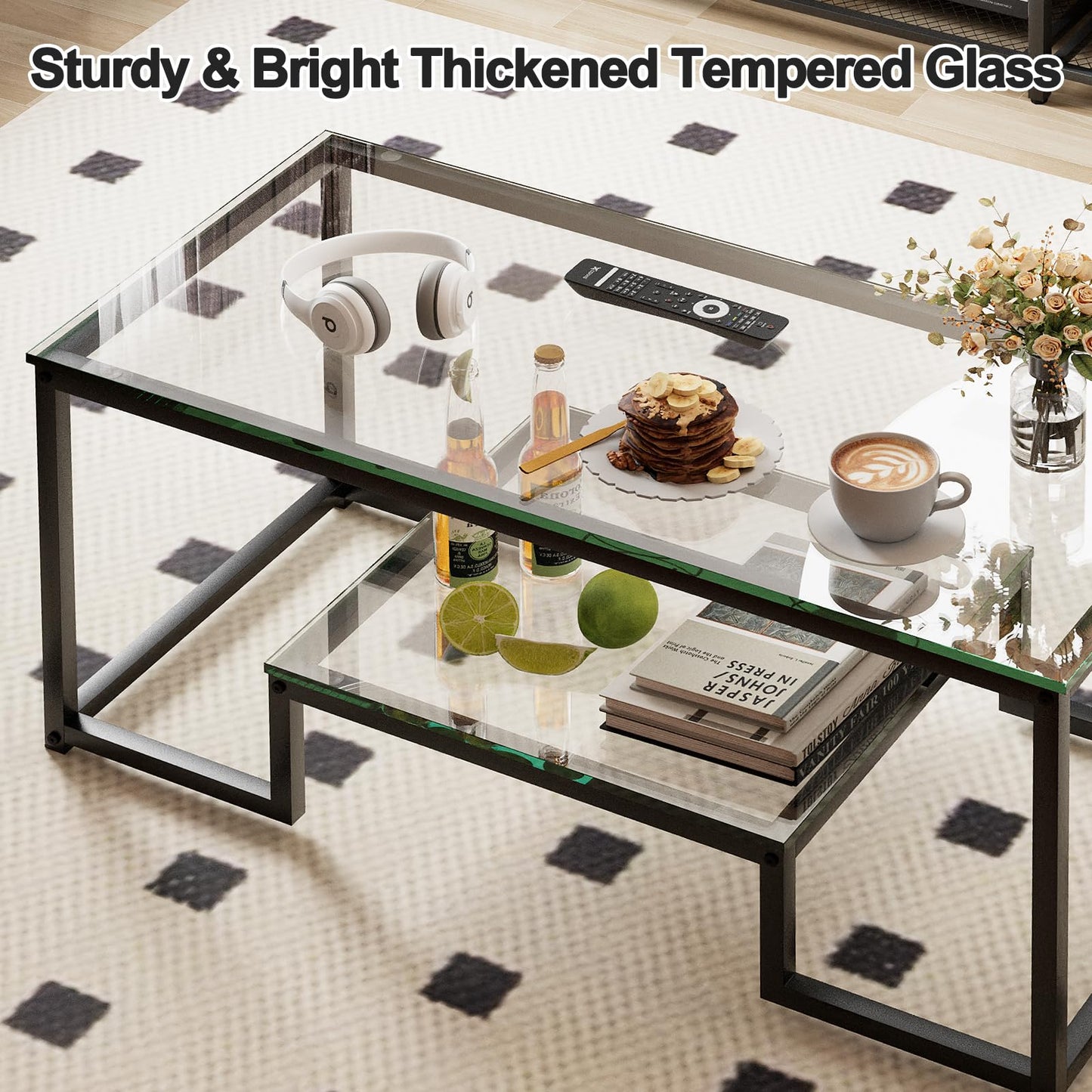 Wolawu Coffee Table Black Glass Coffee Table for Living Room,2 Tiers Rectangle Center Table with Sturdy Metal Frame,Modern Tempered Glass Accent Table for Bedroom Home Office