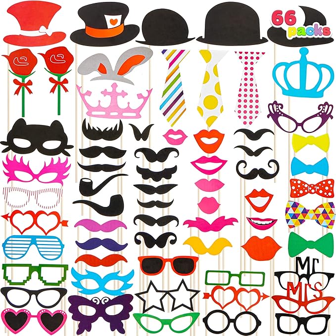 Joyin Toy Photo Booth Props 66 Pieces，Multicolor Kit for Graduation Wedding Party Supplies Favors，with Stick, Hats, Glasse...