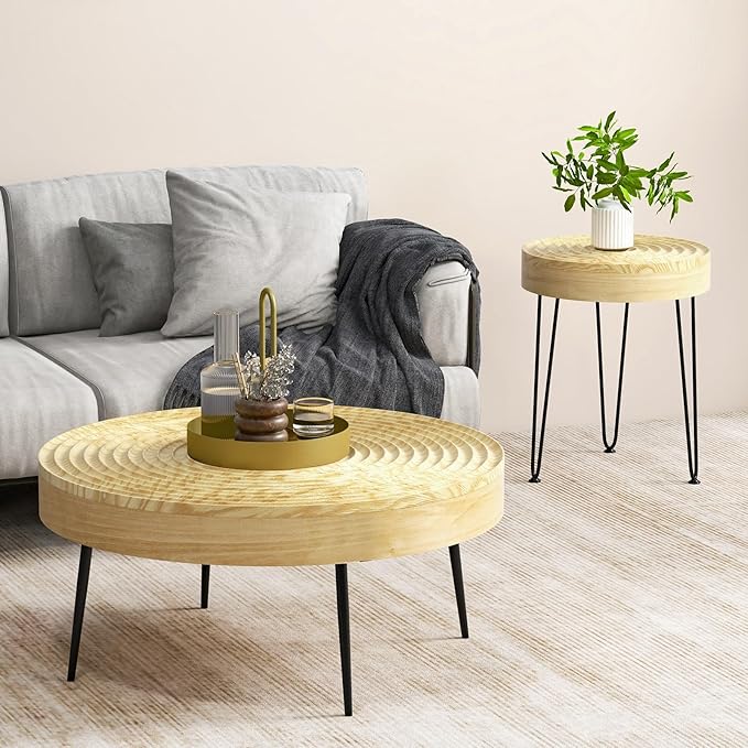Giantex Boho Round Coffee Table Set of 2, Sofa Side Nesting Table with Solid Pine Wood Top, Metal Legs & Adjustable Foot Pads, 31.5" D Large Table Set for Living Room (Ring Pattern, Natural)