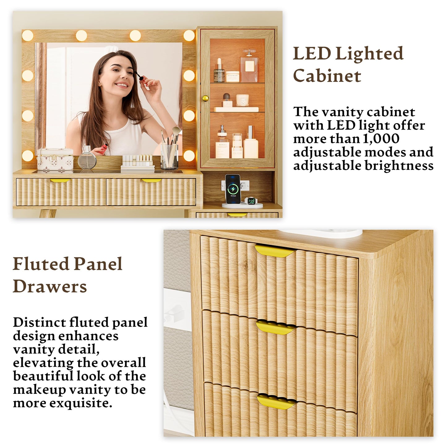 HUANLEGO Fluted Makeup Vanity Desk with Lights, 45" Glass Top Vanity Desk with Mirror and Lights &5 Drawers, Dressing Table with Lighted Mirror, Power Outlet & RGB Cabinet for Bedroom, Natural