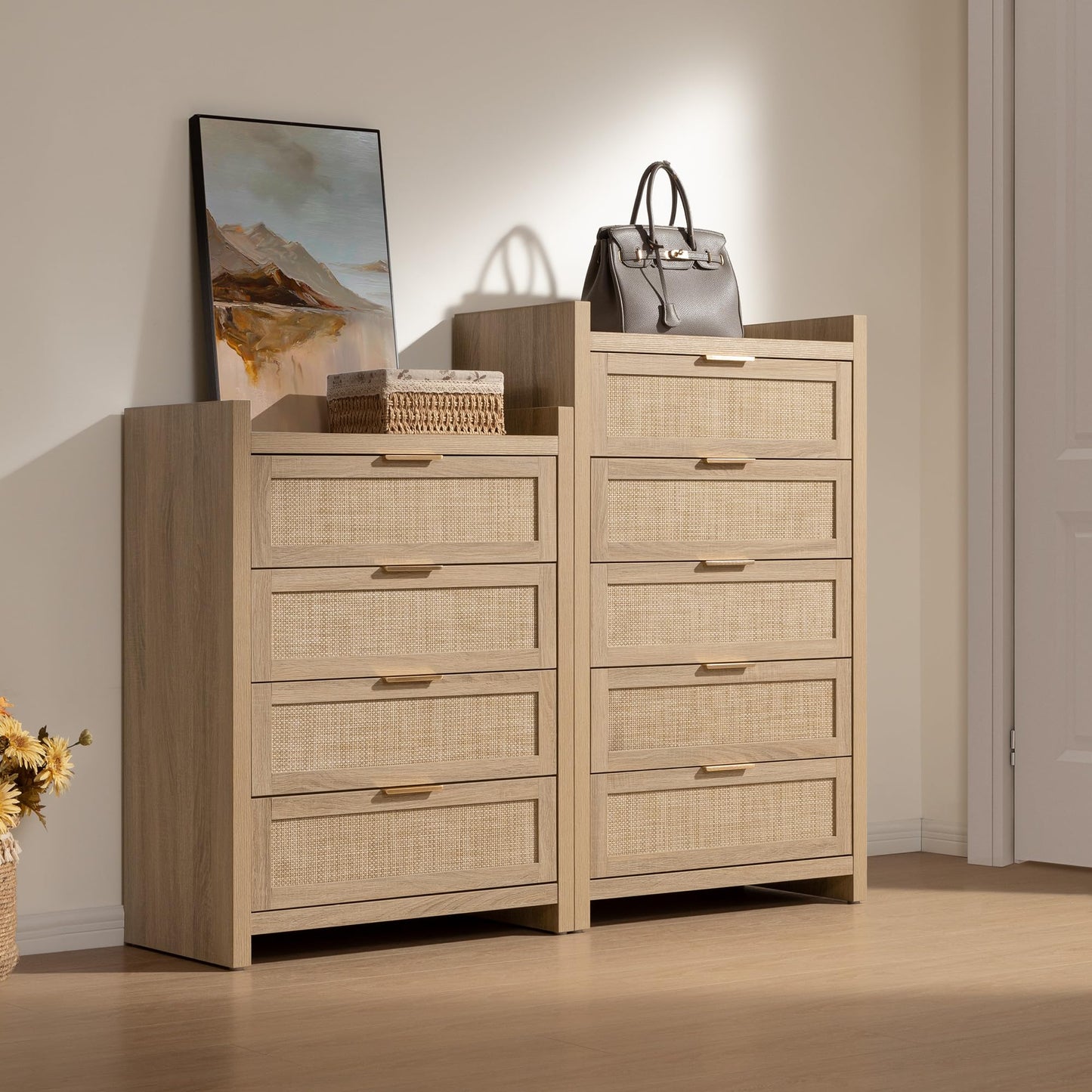 SICOTAS Dresser for Bedroom Chest of Drawers 46" Tall Dresser for Closet with 5 Rattan Drawers Boho Night Stand Large Clothes Storage Cabinet for Living Room Hallway Nursery Entryway
