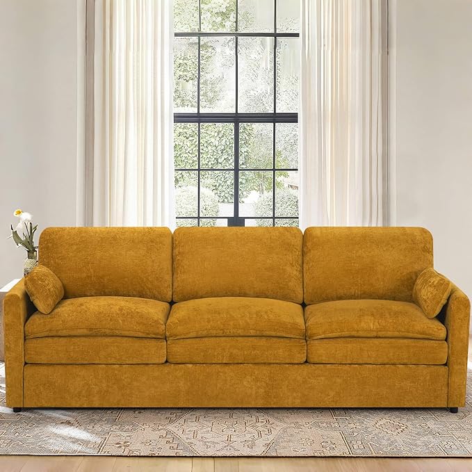 ACMEASE 89” Chenille Sofa w/Arm Pillows, Upholstered 3-Seater Sofa w/Comfortable Back Cushions, Modern 3 Seats Couch w/High-Density Foam for Living Room, Apartment, Office, Yellow