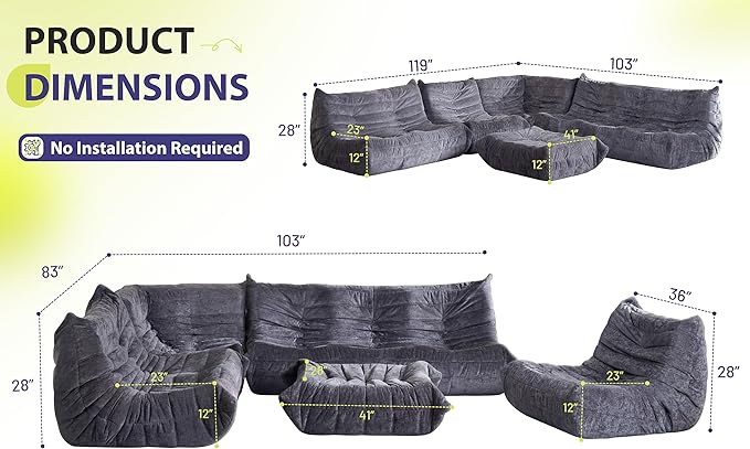 HABUTWAY Bean Bag Chair, Giant Bean Bag Chairs for Adults, Fireside Chair, Lazy Large Floor Bean Bag Sofa for Living Room, Bedroom, Dorm, Office (Grey)